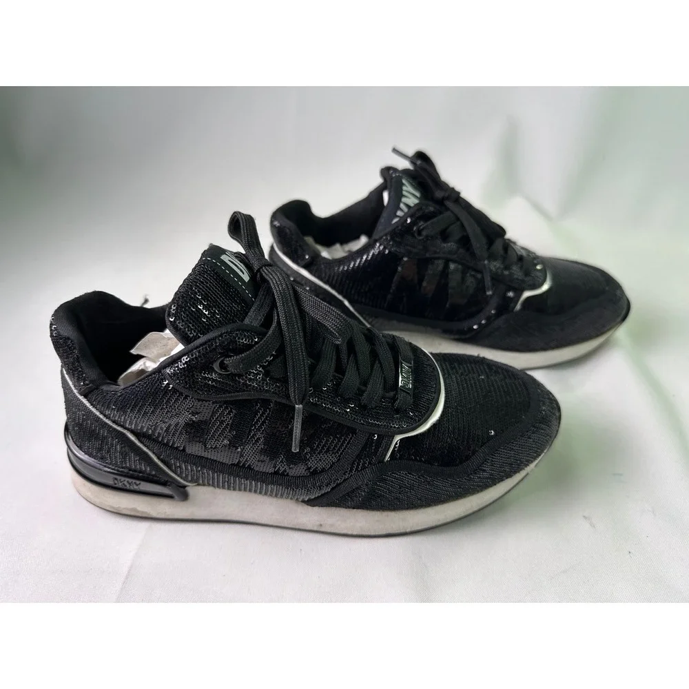 DKNY Women's Size 7.5 M Black Sequin Lace Up Sneakers Fashion Sparkle Athleisure